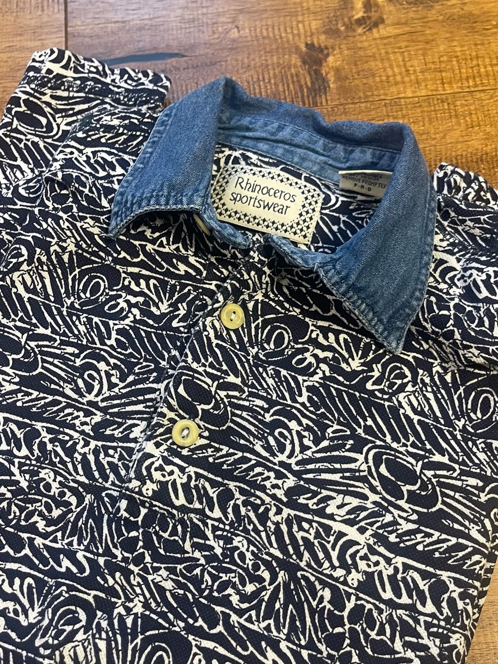 Vintage 90s Rhinoceros Sportswear Mens Abstract Print Polo Denim Collar XL Coast